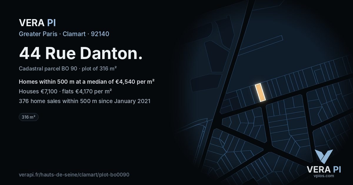 44 Rue Danton, Clamart at night – the plot lit, the parcels around coloured by the prices near them