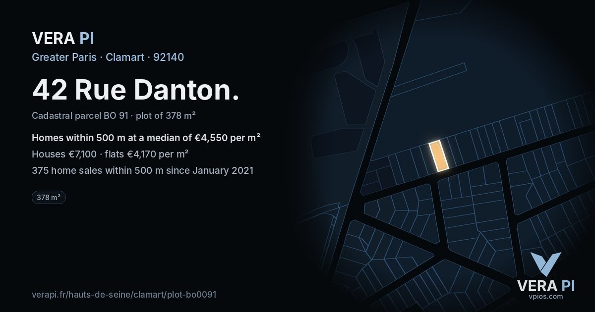 42 Rue Danton, Clamart at night – the plot lit, the parcels around coloured by the prices near them