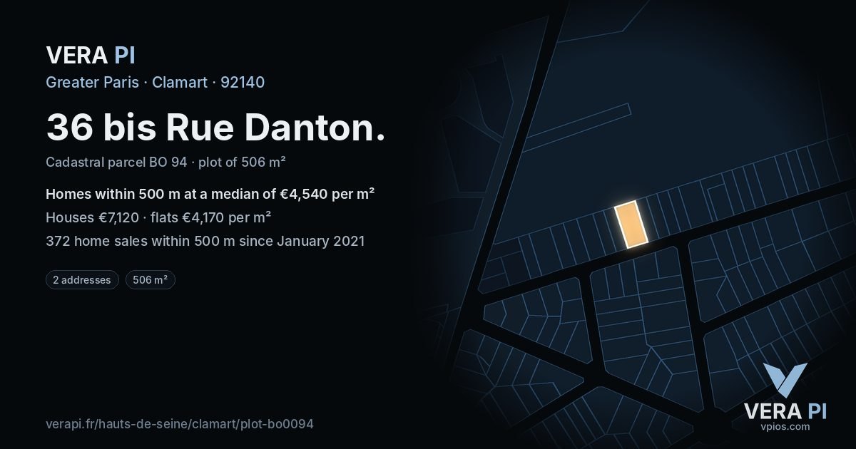 36 bis Rue Danton, Clamart at night – the plot lit, the parcels around coloured by the prices near them
