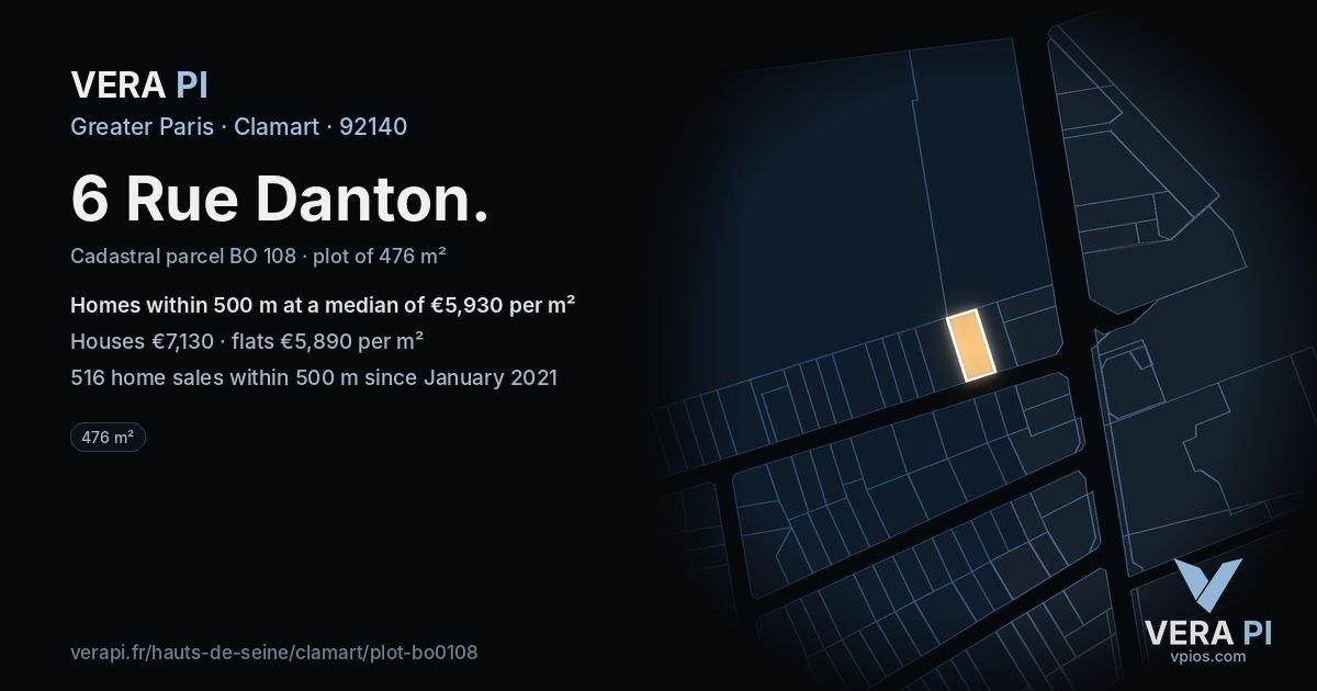 6 Rue Danton, Clamart at night – the plot lit, the parcels around coloured by the prices near them