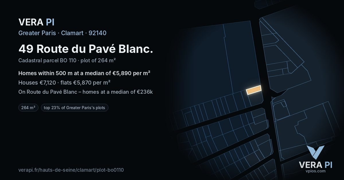 49 Route du Pavé Blanc, Clamart at night – the plot lit, the parcels around coloured by the prices near them