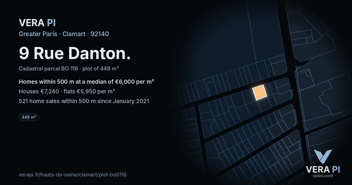 9 Rue Danton, Clamart at night – the plot lit, the parcels around coloured by the prices near them