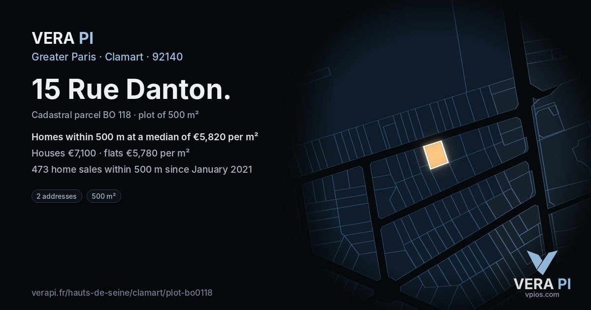 15 Rue Danton, Clamart at night – the plot lit, the parcels around coloured by the prices near them