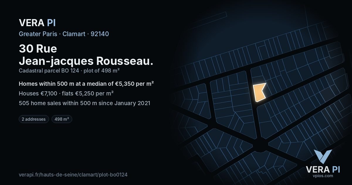 30 Rue Jean-jacques Rousseau, Clamart at night – the plot lit, the parcels around coloured by the prices near them