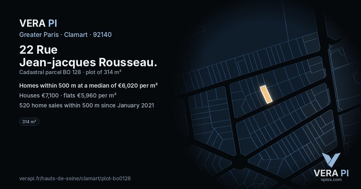 22 Rue Jean-jacques Rousseau, Clamart at night – the plot lit, the parcels around coloured by the prices near them