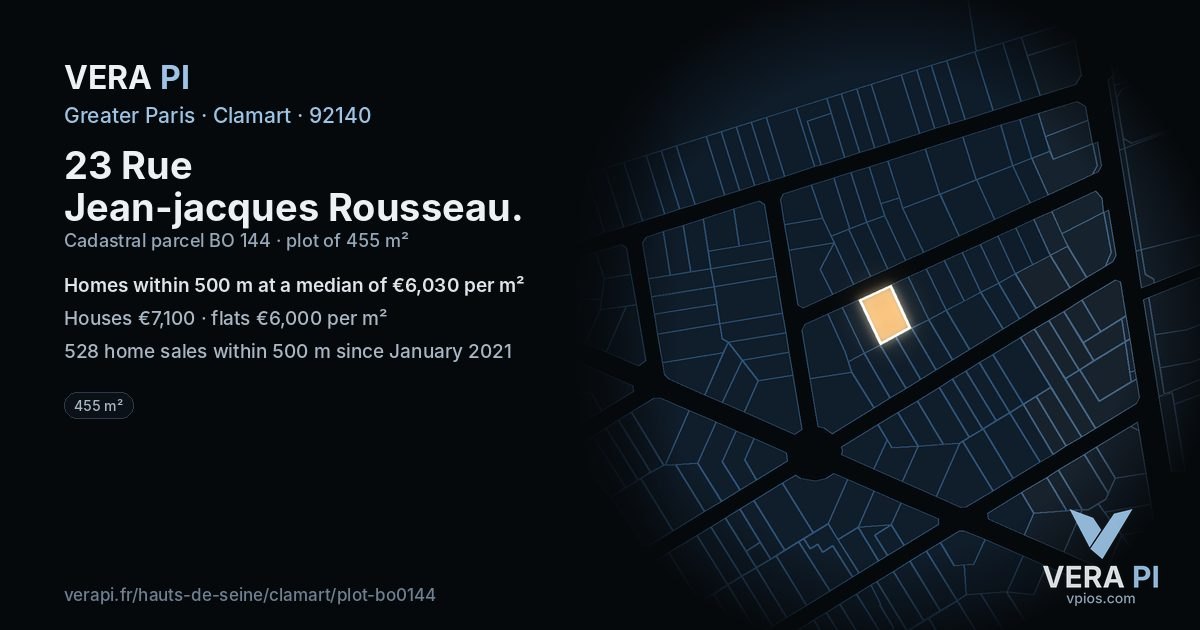 23 Rue Jean-jacques Rousseau, Clamart at night – the plot lit, the parcels around coloured by the prices near them