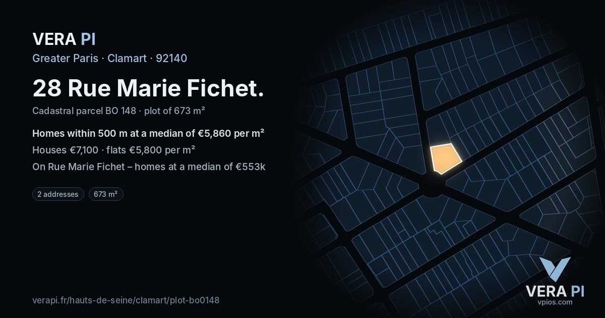 28 Rue Marie Fichet, Clamart at night – the plot lit, the parcels around coloured by the prices near them