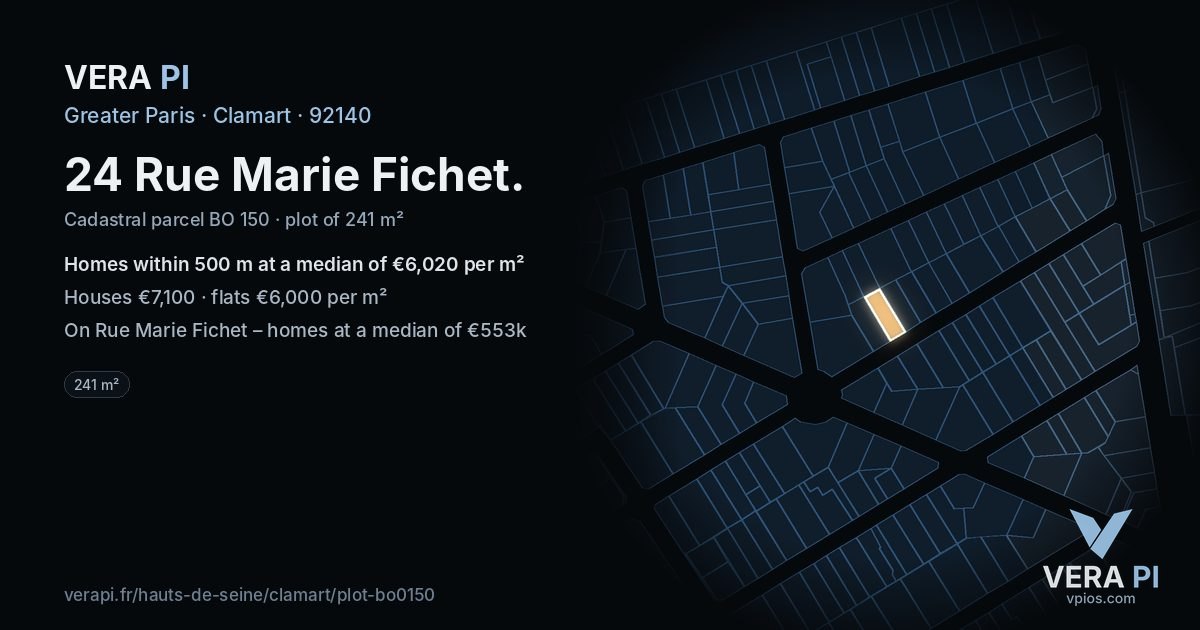 24 Rue Marie Fichet, Clamart at night – the plot lit, the parcels around coloured by the prices near them