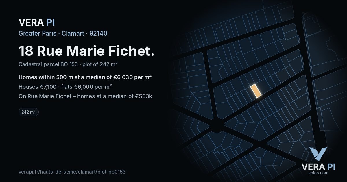 18 Rue Marie Fichet, Clamart at night – the plot lit, the parcels around coloured by the prices near them