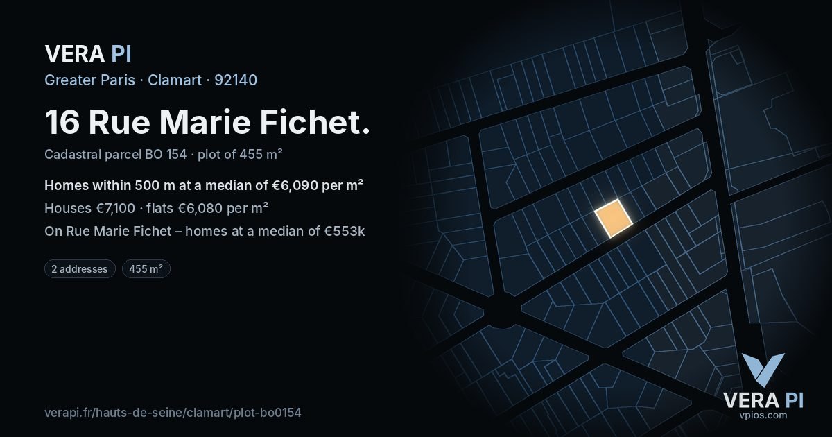 16 Rue Marie Fichet, Clamart at night – the plot lit, the parcels around coloured by the prices near them