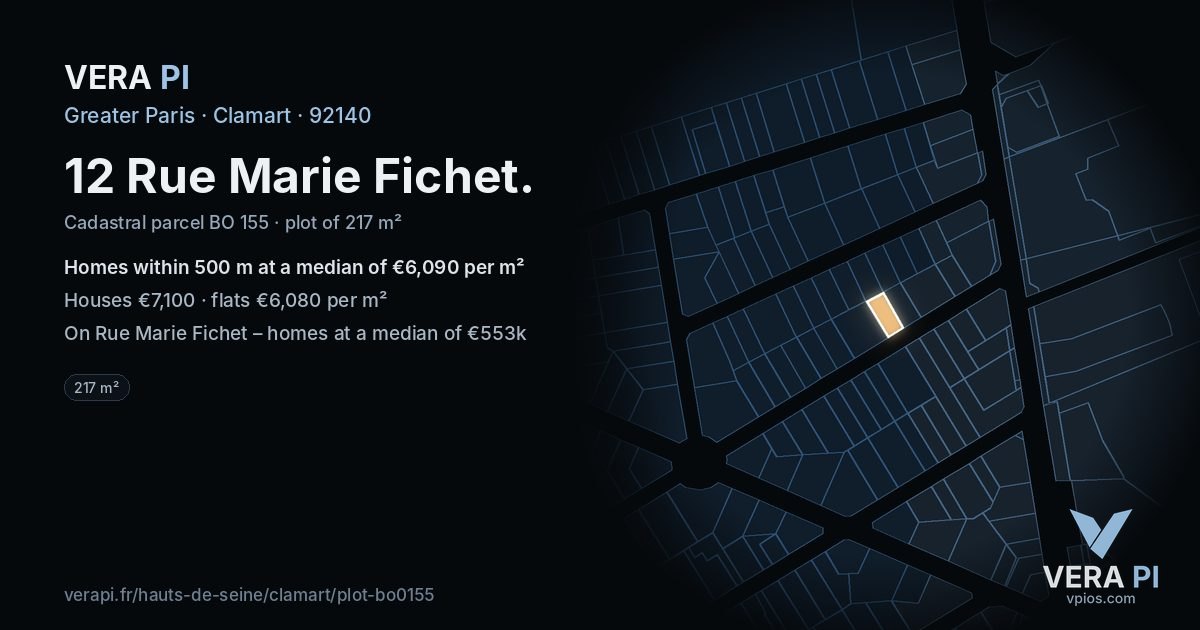 12 Rue Marie Fichet, Clamart at night – the plot lit, the parcels around coloured by the prices near them