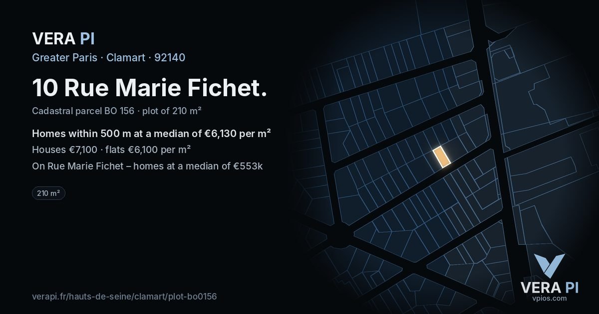 10 Rue Marie Fichet, Clamart at night – the plot lit, the parcels around coloured by the prices near them