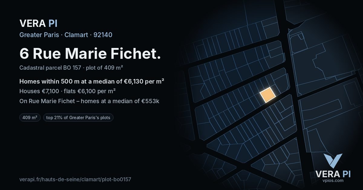 6 Rue Marie Fichet, Clamart at night – the plot lit, the parcels around coloured by the prices near them
