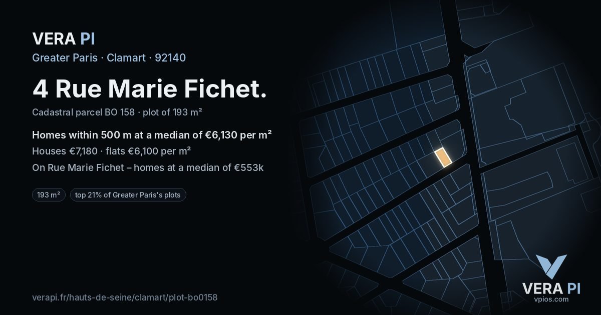 4 Rue Marie Fichet, Clamart at night – the plot lit, the parcels around coloured by the prices near them
