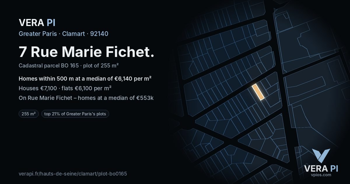 7 Rue Marie Fichet, Clamart at night – the plot lit, the parcels around coloured by the prices near them
