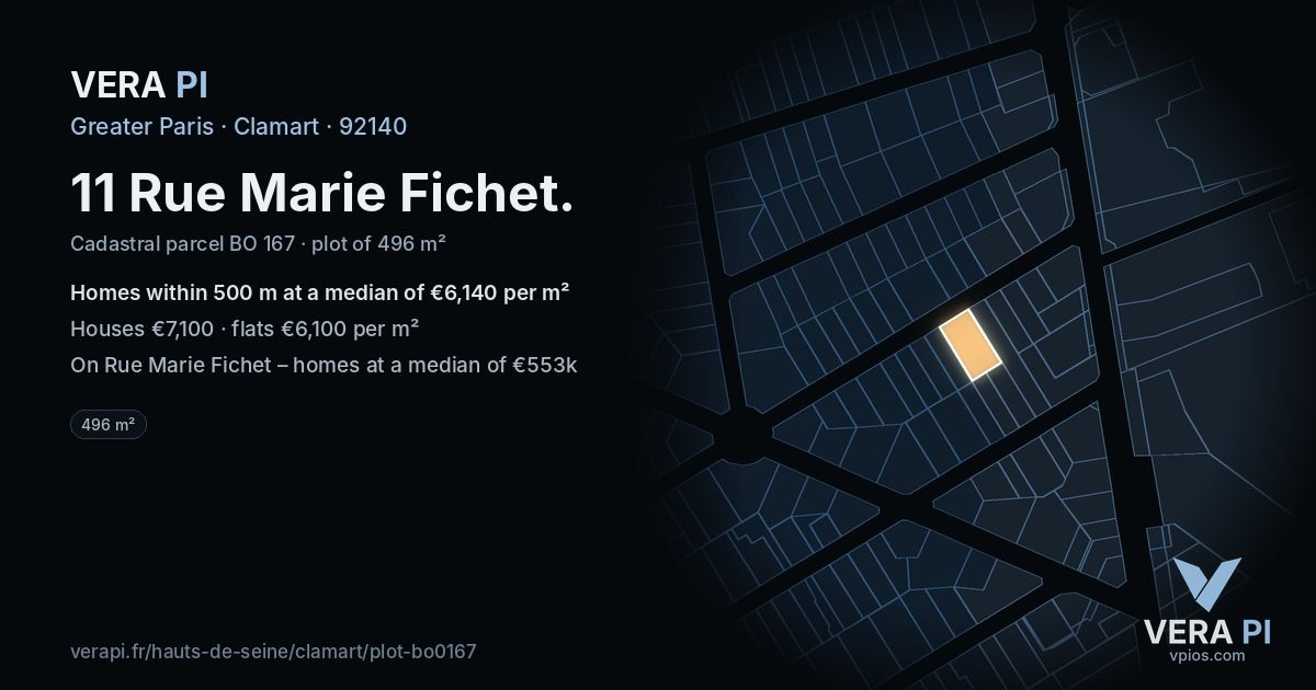 11 Rue Marie Fichet, Clamart at night – the plot lit, the parcels around coloured by the prices near them