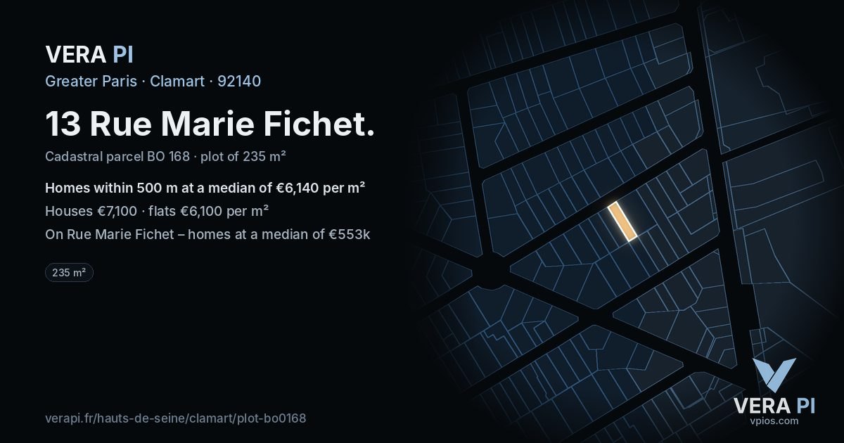 13 Rue Marie Fichet, Clamart at night – the plot lit, the parcels around coloured by the prices near them