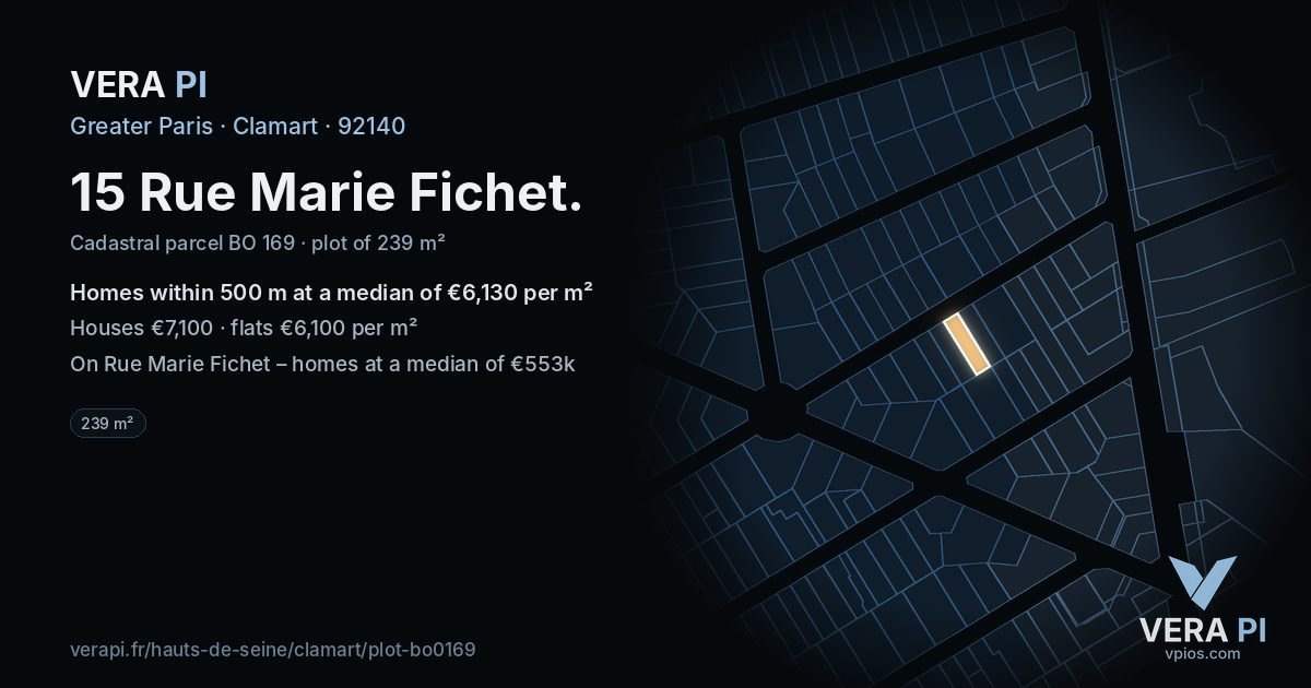 15 Rue Marie Fichet, Clamart at night – the plot lit, the parcels around coloured by the prices near them