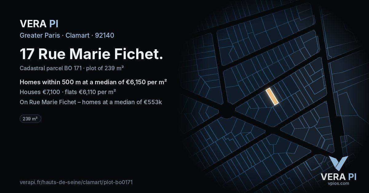 17 Rue Marie Fichet, Clamart at night – the plot lit, the parcels around coloured by the prices near them
