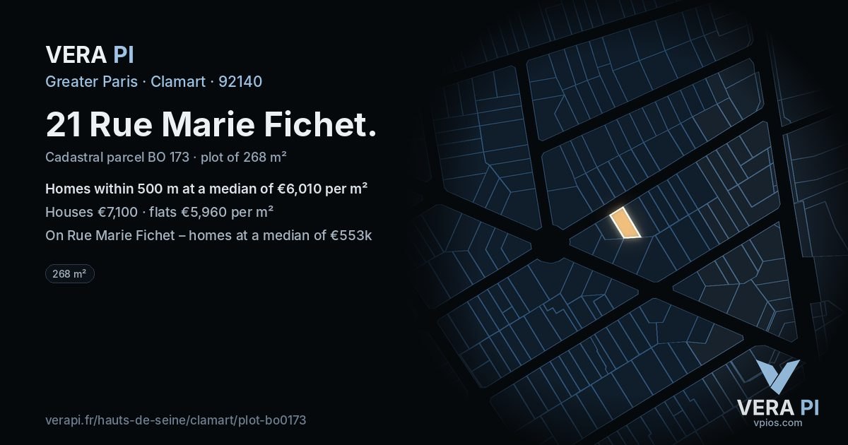 21 Rue Marie Fichet, Clamart at night – the plot lit, the parcels around coloured by the prices near them