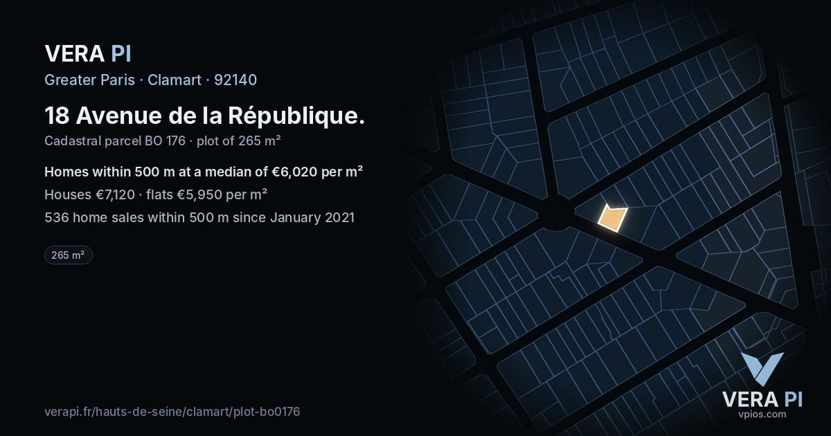 18 Avenue de la République, Clamart at night – the plot lit, the parcels around coloured by the prices near them