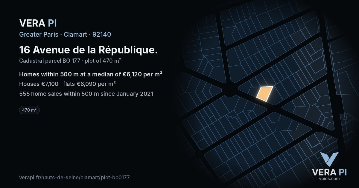16 Avenue de la République, Clamart at night – the plot lit, the parcels around coloured by the prices near them