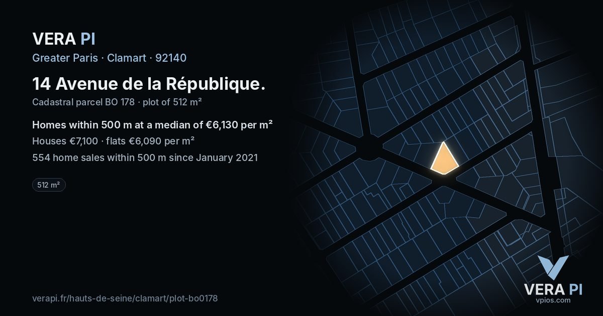 14 Avenue de la République, Clamart at night – the plot lit, the parcels around coloured by the prices near them