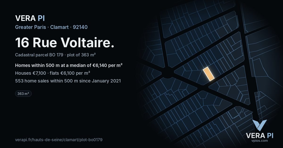 16 Rue Voltaire, Clamart at night – the plot lit, the parcels around coloured by the prices near them