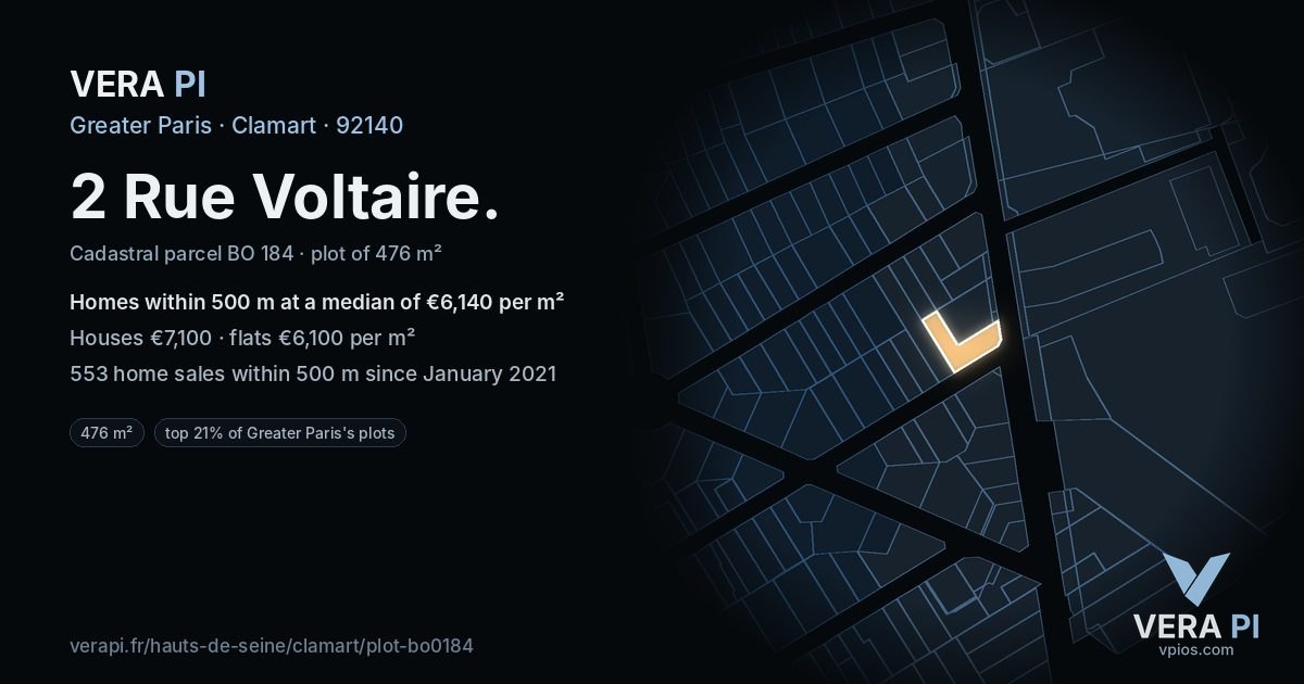 2 Rue Voltaire, Clamart at night – the plot lit, the parcels around coloured by the prices near them