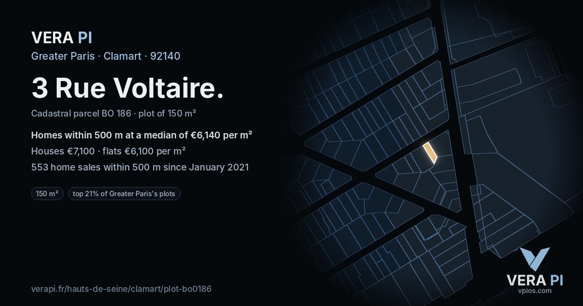 3 Rue Voltaire, Clamart at night – the plot lit, the parcels around coloured by the prices near them