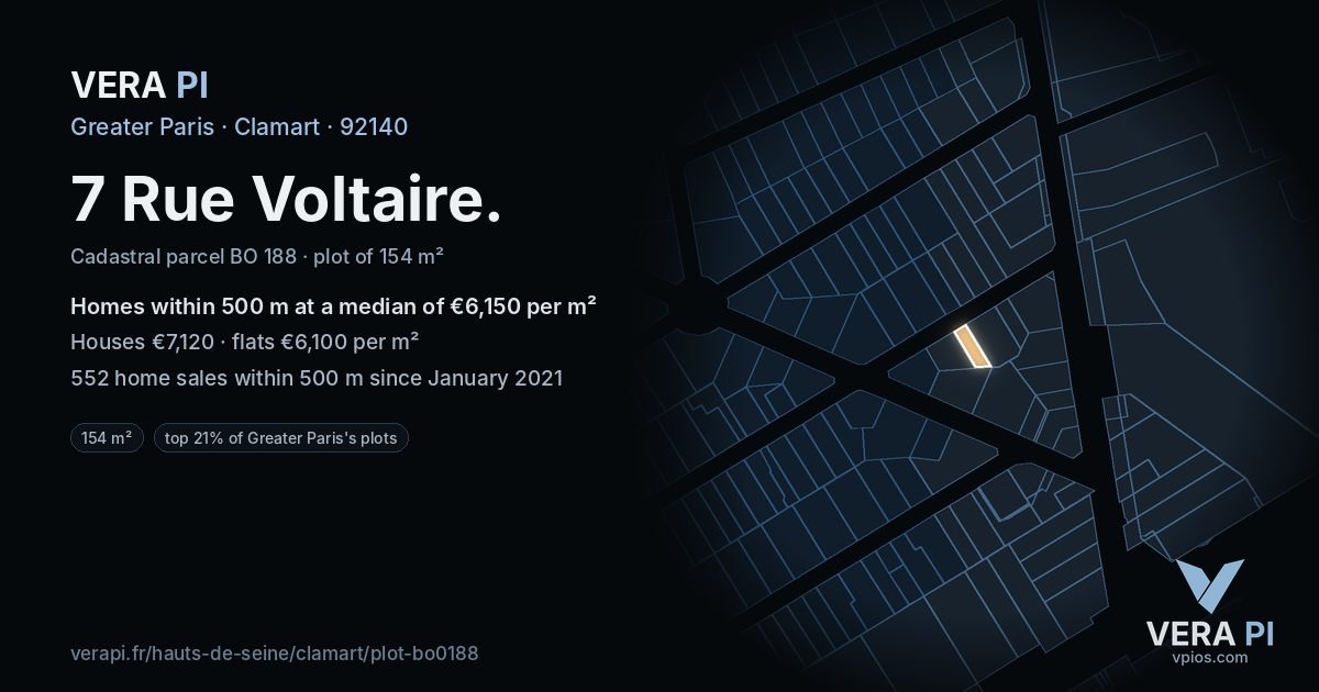 7 Rue Voltaire, Clamart at night – the plot lit, the parcels around coloured by the prices near them