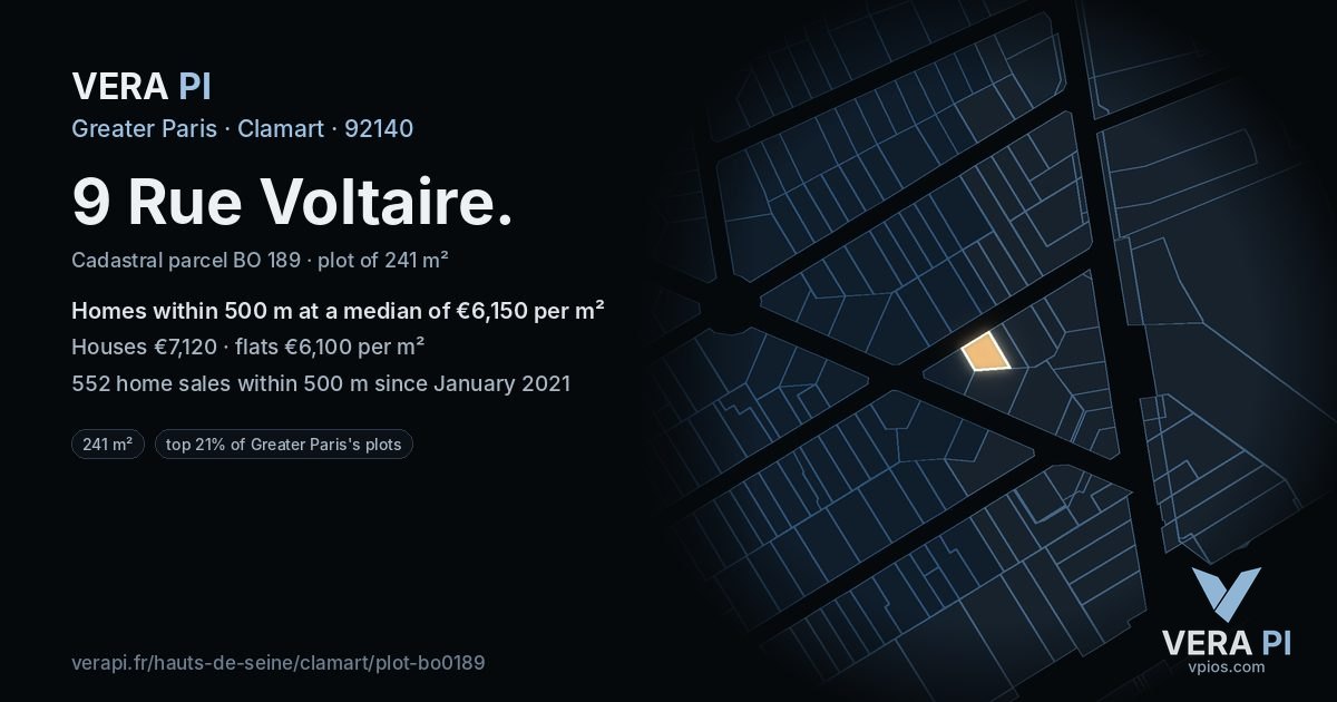 9 Rue Voltaire, Clamart at night – the plot lit, the parcels around coloured by the prices near them