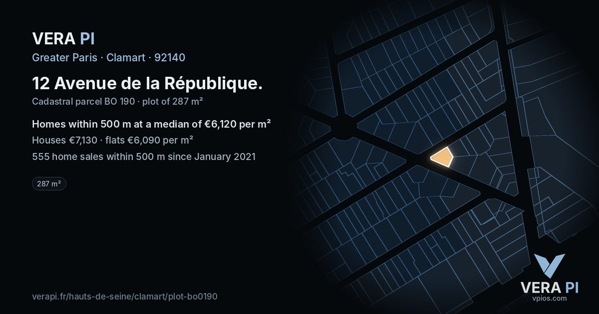 12 Avenue de la République, Clamart at night – the plot lit, the parcels around coloured by the prices near them