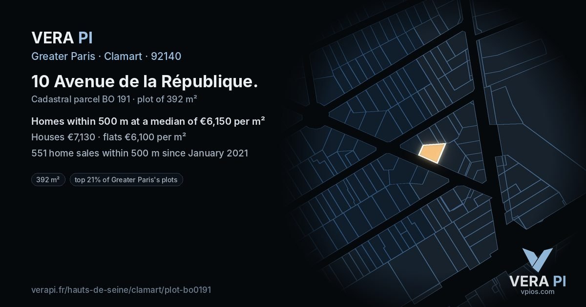 10 Avenue de la République, Clamart at night – the plot lit, the parcels around coloured by the prices near them