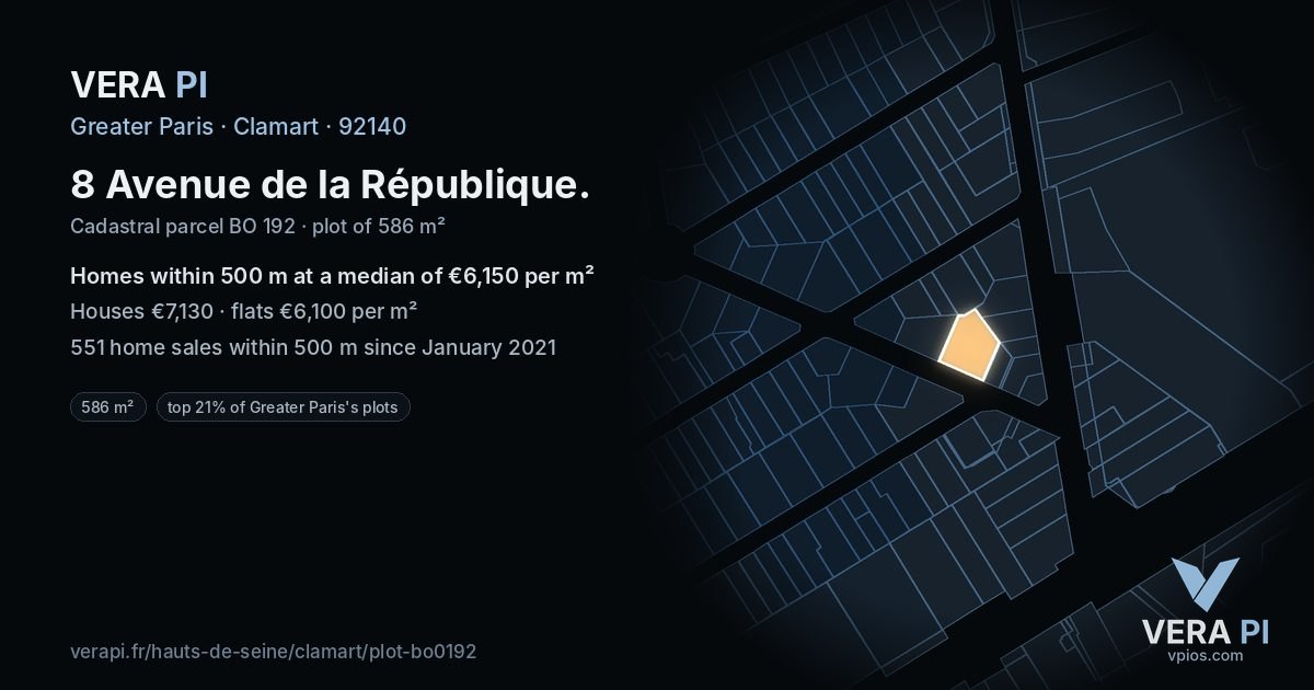 8 Avenue de la République, Clamart at night – the plot lit, the parcels around coloured by the prices near them