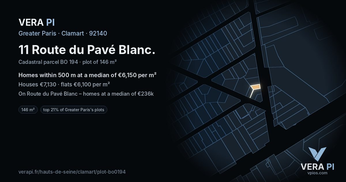 11 Route du Pavé Blanc, Clamart at night – the plot lit, the parcels around coloured by the prices near them