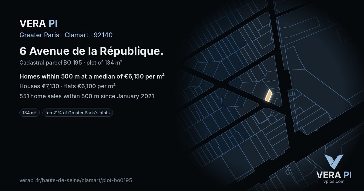 6 Avenue de la République, Clamart at night – the plot lit, the parcels around coloured by the prices near them