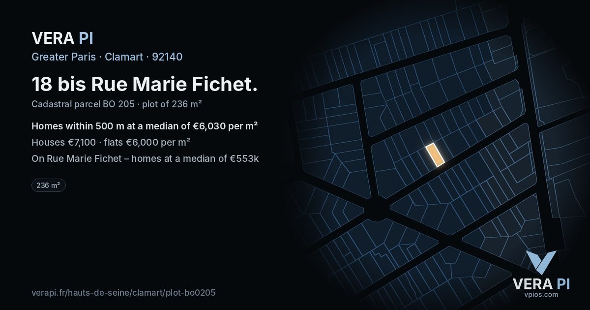18 bis Rue Marie Fichet, Clamart at night – the plot lit, the parcels around coloured by the prices near them