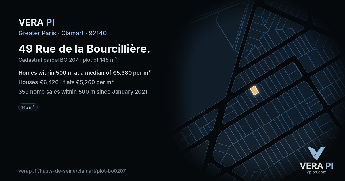 49 Rue de la Bourcillière, Clamart at night – the plot lit, the parcels around coloured by the prices near them