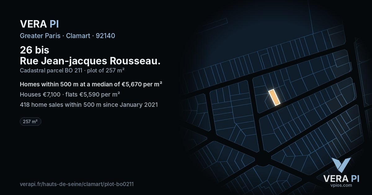 26 bis Rue Jean-jacques Rousseau, Clamart at night – the plot lit, the parcels around coloured by the prices near them