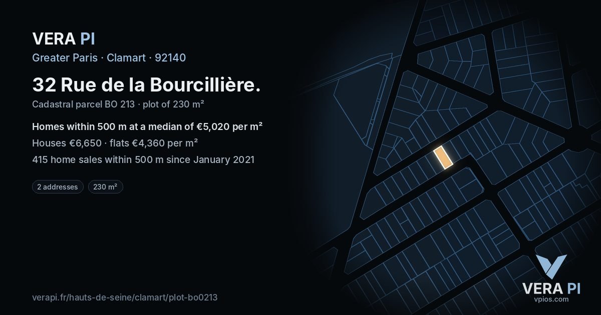 32 Rue de la Bourcillière, Clamart at night – the plot lit, the parcels around coloured by the prices near them