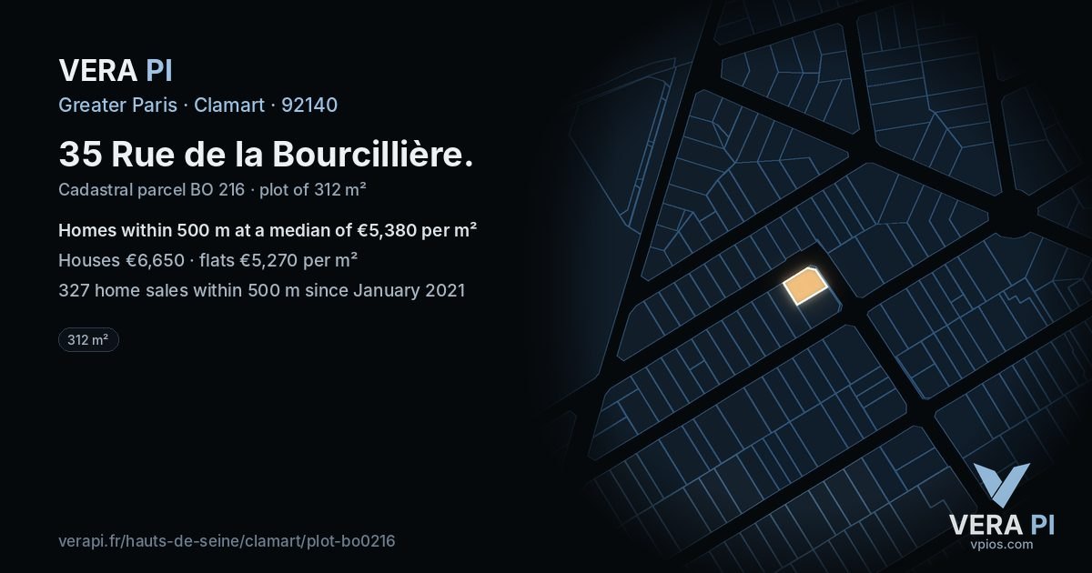35 Rue de la Bourcillière, Clamart at night – the plot lit, the parcels around coloured by the prices near them