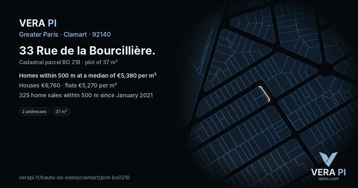 33 Rue de la Bourcillière, Clamart at night – the plot lit, the parcels around coloured by the prices near them