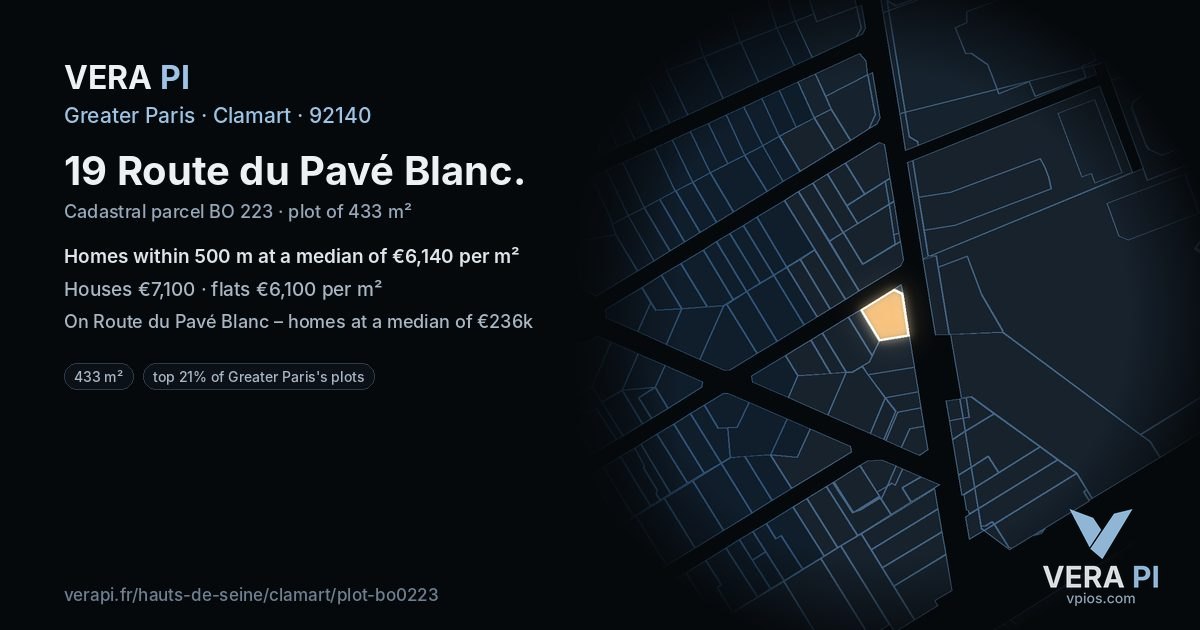 19 Route du Pavé Blanc, Clamart at night – the plot lit, the parcels around coloured by the prices near them