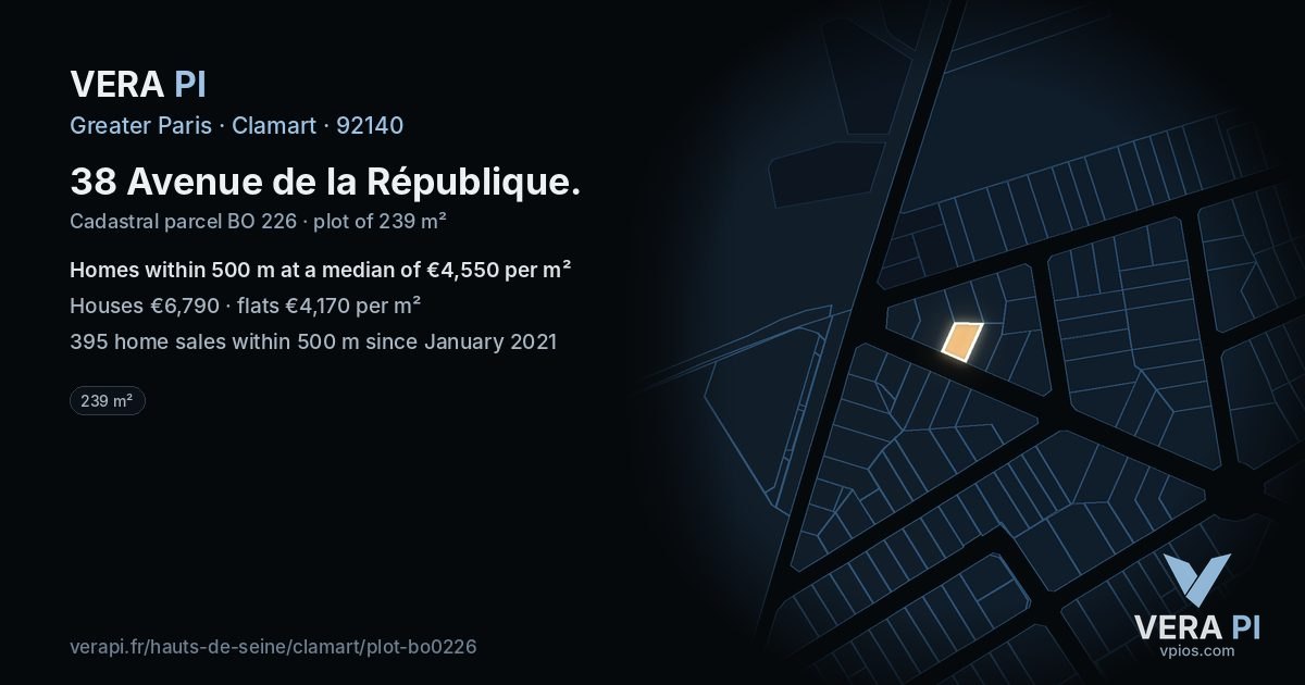 38 Avenue de la République, Clamart at night – the plot lit, the parcels around coloured by the prices near them