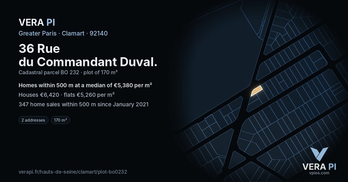 36 Rue du Commandant Duval, Clamart at night – the plot lit, the parcels around coloured by the prices near them