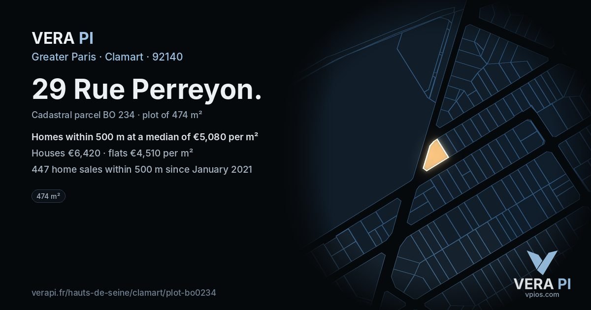 29 Rue Perreyon, Clamart at night – the plot lit, the parcels around coloured by the prices near them