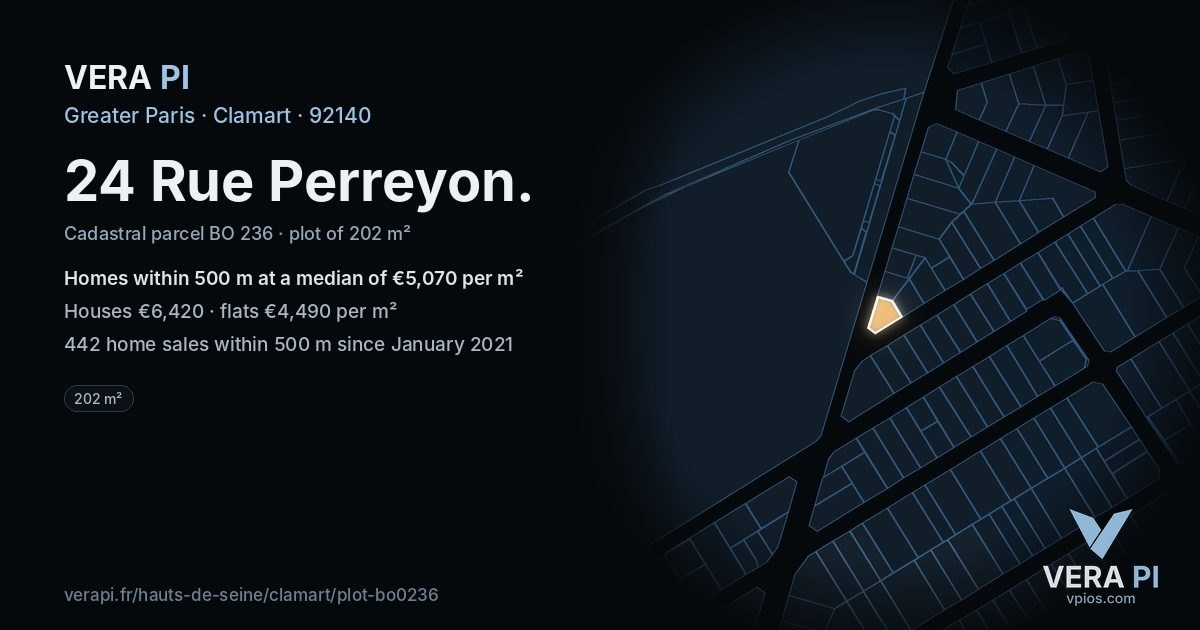 24 Rue Perreyon, Clamart at night – the plot lit, the parcels around coloured by the prices near them