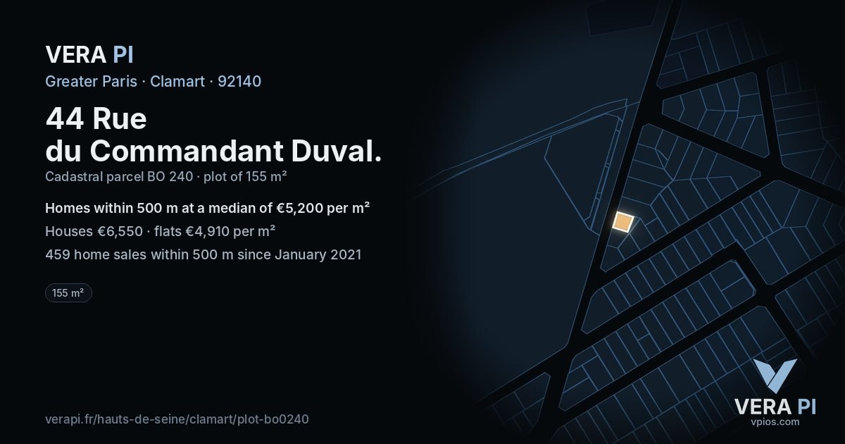 44 Rue du Commandant Duval, Clamart at night – the plot lit, the parcels around coloured by the prices near them