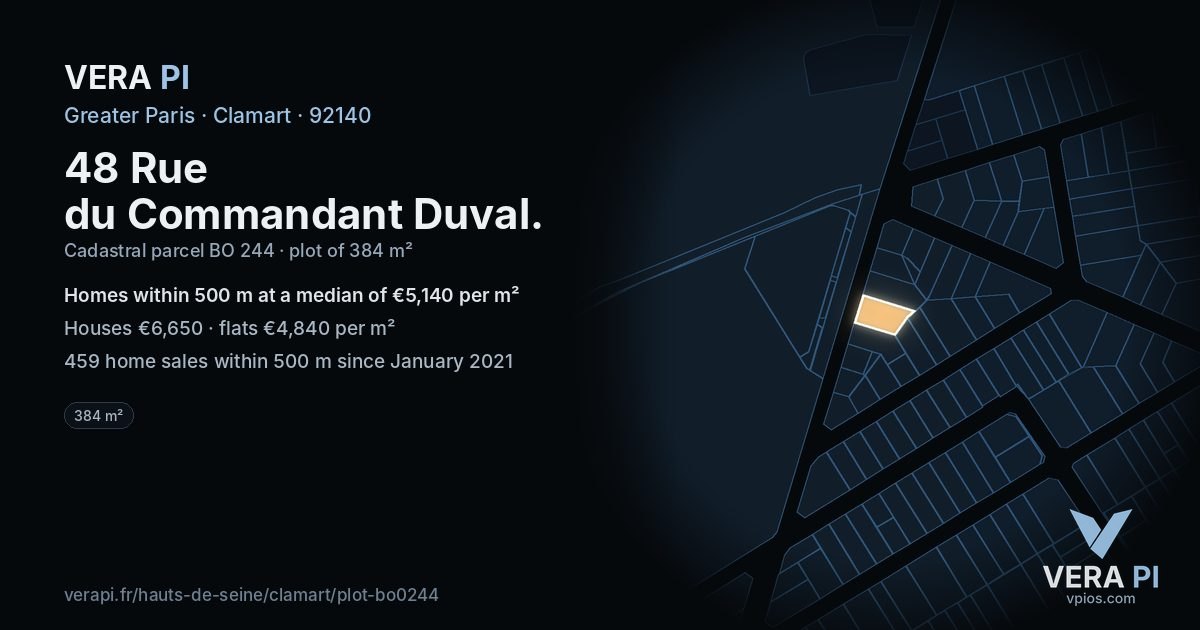 48 Rue du Commandant Duval, Clamart at night – the plot lit, the parcels around coloured by the prices near them